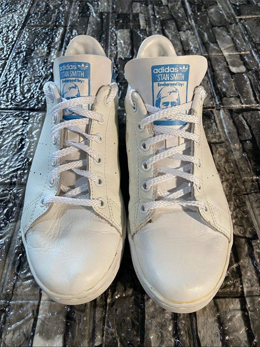 Vintage Leather Stan Smith Adidas Women’s Size 8 Rare Cloud Off-White/Blue Bird"